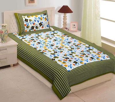 VNV Creation 180 TC Cotton Single Jaipuri Prints Flat Bedsheet(Pack of 1, Green)