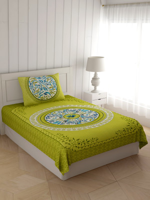 Mandakini 140 TC Cotton Single Jaipuri Prints Flat Bedsheet(Pack of 1, Green)