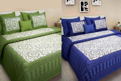 KANDY SHOP Cotton King Flat 250 TC Jaipuri Prints Bedsheet(Pack of 1, light green-dark blue)