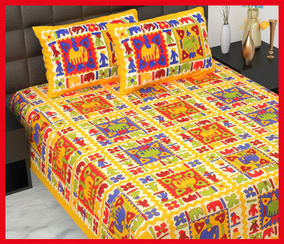 BedZone Cotton Double Flat 210 TC Jaipuri Prints Bedsheet(Pack of 1, Yellow)