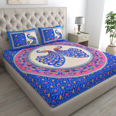 HYNA HOMM Cotton Double Flat 144 TC Jaipuri Prints Bedsheet(Pack of 1, Blue_Pink)