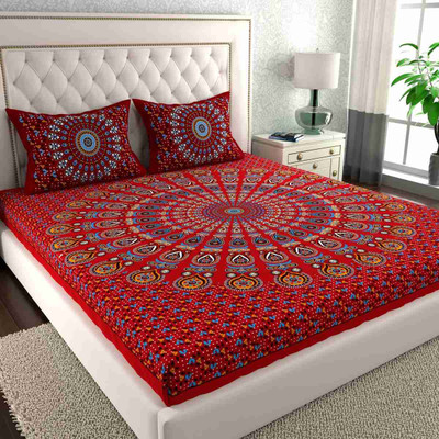 Cosito 144 TC Cotton Double Jaipuri Prints Flat Bedsheet(Pack of 1, Red)