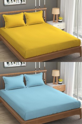 VORDVIGO 300 TC Satin Double Striped Fitted (Elastic) Bedsheet(Pack of 2, Yellow & Sky Blue)