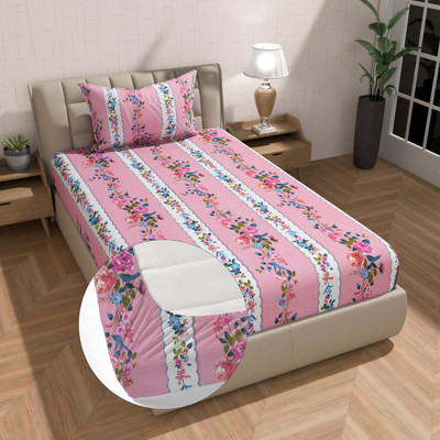 BLUEDOT Cotton Single Fitted (Elastic) 200 TC Floral Bedsheet(Pack of 1, Pink)