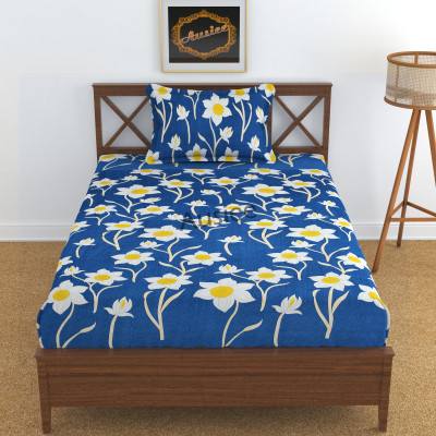 AUSIEE 180 TC Cotton Single Abstract Fitted (Elastic) Bedsheet(Pack of 1, Blue)