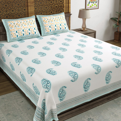 Blocks Of India Cotton Double Flat 200 TC Printed Bedsheet(Pack of 1, Turquoise, White)