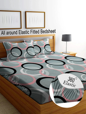 Bedress Cotton King Flat 250 TC Striped Bedsheet(Pack of 1, FITTED_GREY-ROUND CIRCLES-PREMIUM-LUXURY)