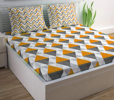 hntraders Cotton Double Flat 144 TC Geometric Bedsheet(Pack of 1, Yellow)