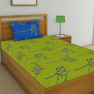Huesland Cotton Single Flat 144 TC Floral Bedsheet(Pack of 1, Blue & Green)