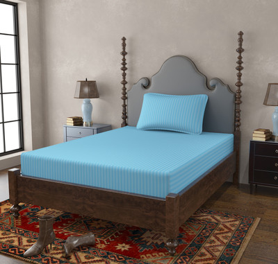 BEVI Microfiber Single Flat 280 TC Striped Bedsheet(Pack of 1, Light Blue)
