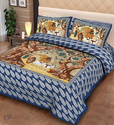 ROOP JYOTI Cotton Double Flat 180 TC Printed Bedsheet(Pack of 1, Dark Blue)