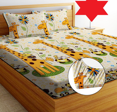EXFAB 244 TC Cotton Double Printed Fitted (Elastic) Bedsheet(Pack of 1, Orange)