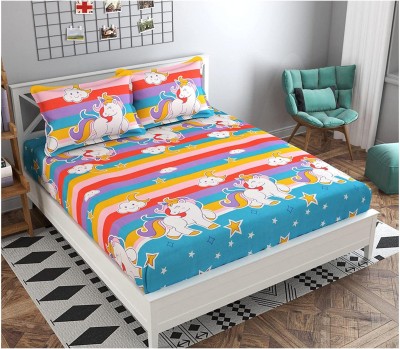 precise fabrics 200 TC Microfiber Queen Cartoon Fitted (Elastic) Bedsheet(Pack of 1, Sky)