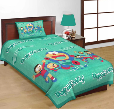 BEDOPS Cotton Single Flat 144 TC Cartoon Bedsheet(Pack of 1, Green)
