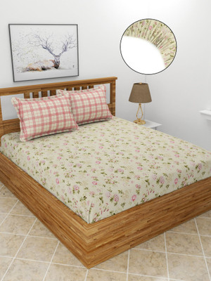 BREVARD Polycotton King Fitted (Elastic) 210 TC Printed Bedsheet(Pack of 1, Multicolor)