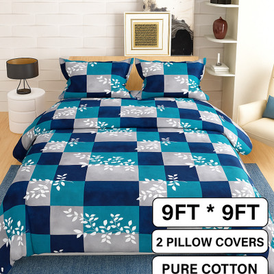 Comfort Shoppy Cotton Super King, King Flat 350 TC Floral Bedsheet(Pack of 1, Blue base, Grey, White)