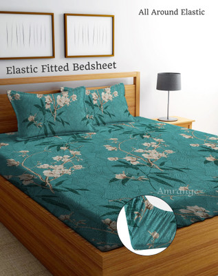 Amrange 190 TC Cotton King Floral Fitted (Elastic) Bedsheet(Pack of 1, Green)