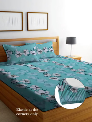Pinaka 250 TC Microfiber Double Floral Fitted (Elastic) Bedsheet(Pack of 1, Blue)