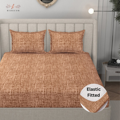 HIDECOR 280 TC Microfiber King Printed Fitted (Elastic) Bedsheet(Pack of 1, Beige)