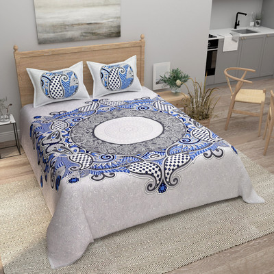 UNIQCHOICE Cotton King Flat 250 TC Printed Bedsheet(Pack of 1, Blue & Gray)