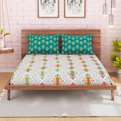 SPACES 144 TC Cotton Double Printed Flat Bedsheet(Pack of 1, Dark Green)