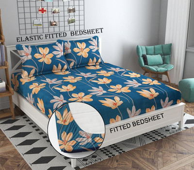 Goodrik Microfiber Double Fitted (Elastic) 210 TC Floral Bedsheet(Pack of 1, Blue Orange)