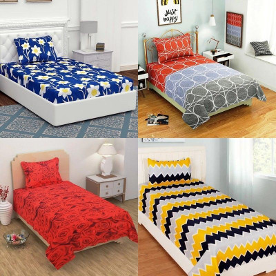 HSR Collection Cotton Double Flat 210 TC 3D Printed Bedsheet(Pack of 4, Multicolor)