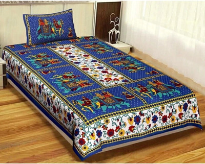 KAANY FAB Cotton Single Flat 144 TC Jaipuri Prints Bedsheet(Pack of 1, Blue)