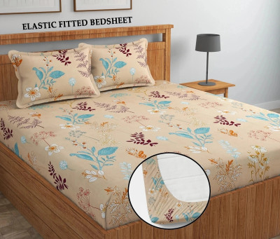 Moonroof Cotton King Fitted (Elastic) 244 TC Printed Bedsheet(Pack of 1, Pink Leaf)