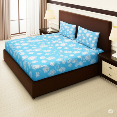 Hss fab Cotton Blend Double Fitted (Elastic) 180 TC Abstract Bedsheet(Pack of 1, Sky Blue)