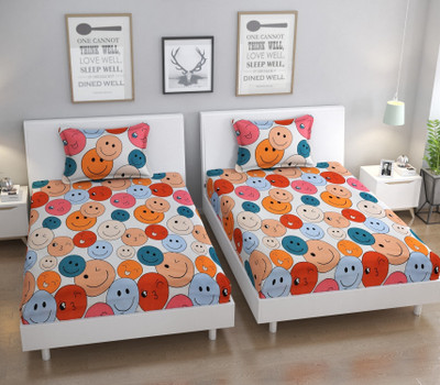 BELVOSTUM 280 TC Microfiber Single 3D Printed Flat Bedsheet(Pack of 2, Multicolor Smilies)
