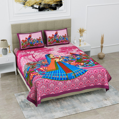 Poorak 104 TC Cotton Double Jaipuri Prints Flat Bedsheet(Pack of 1, Pink)