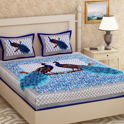 Poorak 104 TC Cotton Double Printed Flat Bedsheet(Pack of 1, Blue)