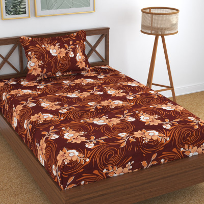 Homefab India 180 TC Microfiber Single Printed Flat Bedsheet(Pack of 1, Brown, Peach)