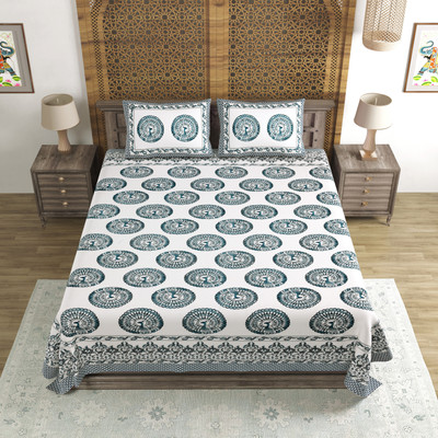 Blocks Of India Cotton Double Flat 140 TC Printed Bedsheet(Pack of 1, Green)