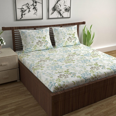 Divine Casa Cotton Double Flat 144 TC Floral Bedsheet(Pack of 1, Green Banana)