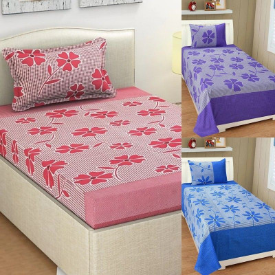 HSR Collection Cotton Double Flat 210 TC Floral Bedsheet(Pack of 3, Multicolor)