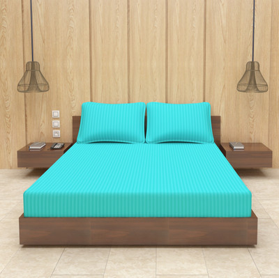 Optra Microfiber Double Flat 300 TC Striped Bedsheet(Pack of 1, Aqua Blue)