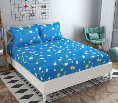 Dahlia 200 TC Polycotton Double Printed Fitted (Elastic) Bedsheet(Pack of 1, Blue)