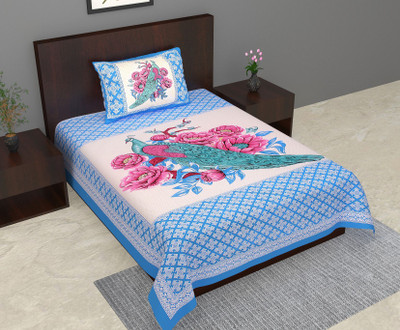 Monik Handicrafts Cotton Single Flat 160 TC Printed Bedsheet(Pack of 1, MOR BLUE)