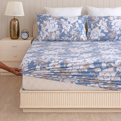 HOMEMONDE Cotton Single Fitted (Elastic) 210 TC Printed Bedsheet(Pack of 1, Blossom Haze)
