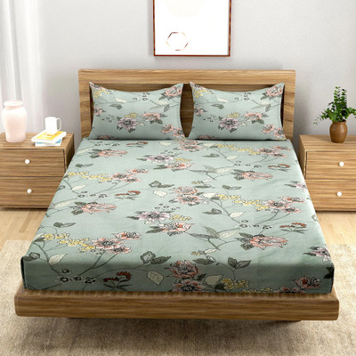 A Homes Grace 144 TC Microfiber Queen Printed Fitted (Elastic) Bedsheet(Pack of 1, Green with Floral Pattern)