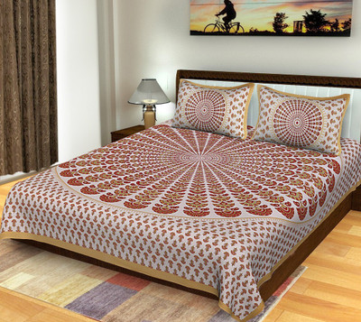 E ELMA 250 TC Cotton Double Jaipuri Prints Flat Bedsheet(Pack of 1, Brown)