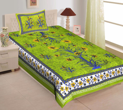RIYA FABRICS 140 TC Cotton Single Jaipuri Prints Flat Bedsheet(Pack of 1, Green)