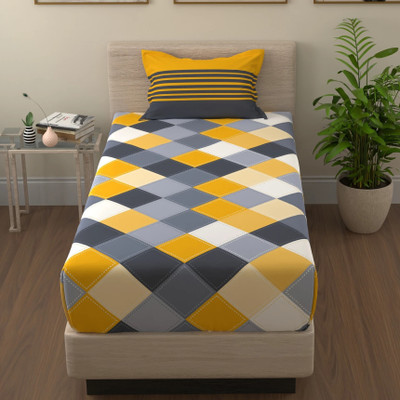 Huesland Cotton Single Flat 144 TC Checkered Bedsheet(Pack of 1, Yellow, Grey)