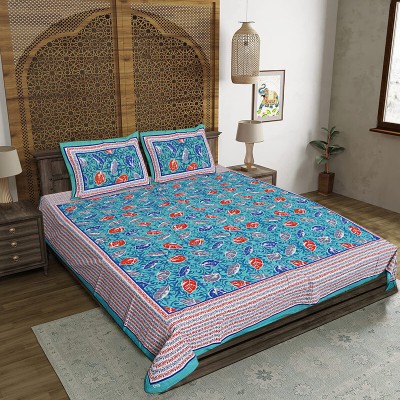 FrionKandy Living 140 TC Cotton Double Jaipuri Prints Flat Bedsheet(Pack of 1, Light Blue)