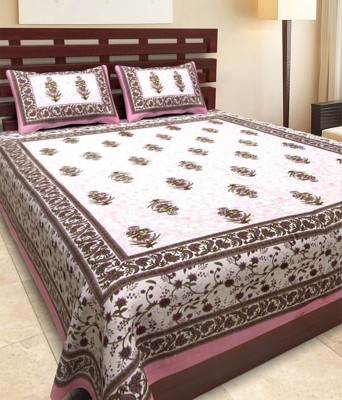 E ELMA 210 TC Cotton Double Jaipuri Prints Flat Bedsheet(Pack of 1, Pink)