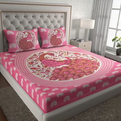 ABHACLOTHO Cotton Double Flat 144 TC Jaipuri Prints Bedsheet(Pack of 1, Pink)