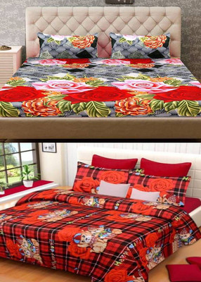 HSR Collection Cotton Double Flat 210 TC Printed Bedsheet(Pack of 2, Red)