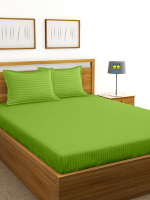 Houseofowlet Cotton Queen Flat 210 TC Striped Bedsheet(Pack of 1, Green)